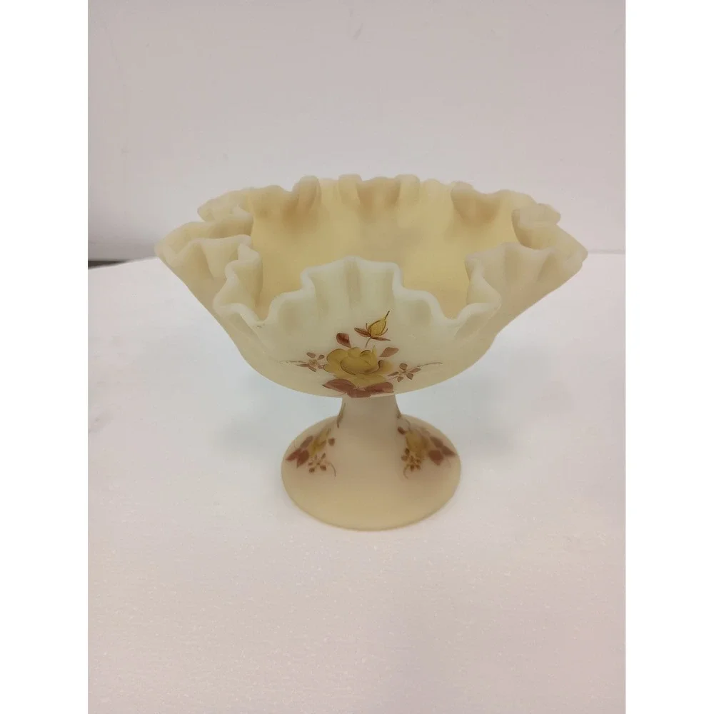 VTG Fenton Pedestal Compote Bowl Yellow Burmese Glass Hand Painted Roses